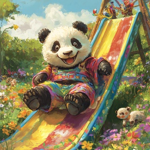 快乐熊猫在五彩滑梯上嬉戏的童趣场景