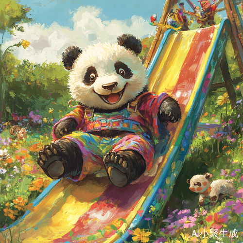 快乐熊猫在五彩滑梯上嬉戏的童趣场景