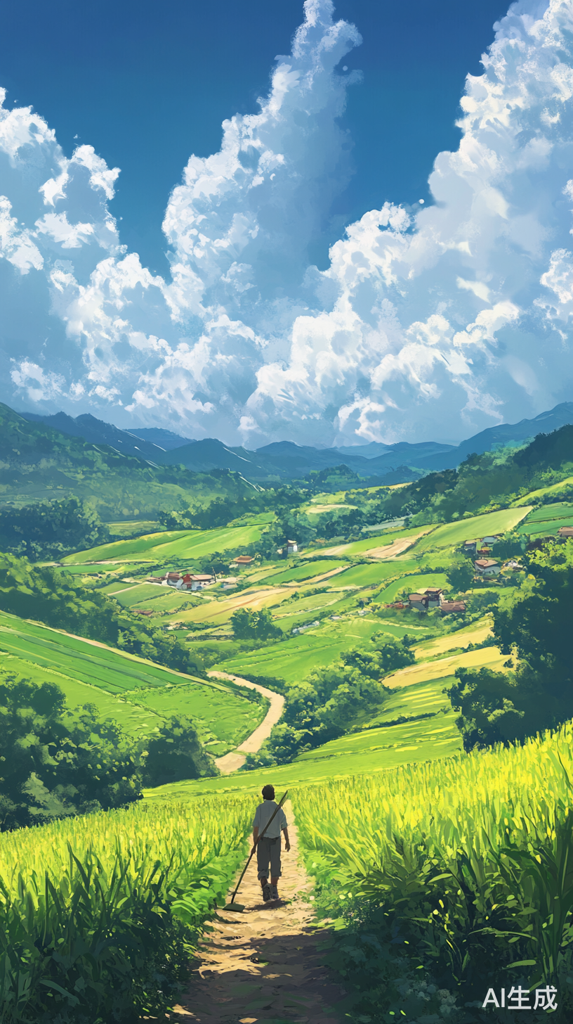 阳光下的农田与农夫的丰收期许