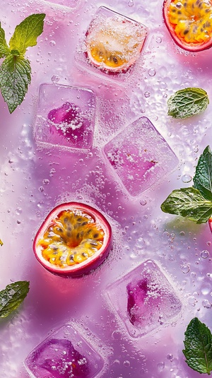 Summer passion fruit soda ice cubes, light purple and white background, bubbles, mint leaves,Passion fruit slices, brilliant colors, studio light source, 32K UHDv 6.0ar 9:16