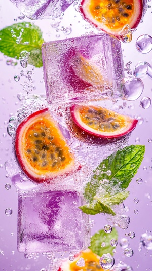 Summer passion fruit soda ice cubes, light purple and white background, bubbles, mint leaves,Passion fruit slices, brilliant colors, studio light source, 32K UHDv 6.0ar 9:16