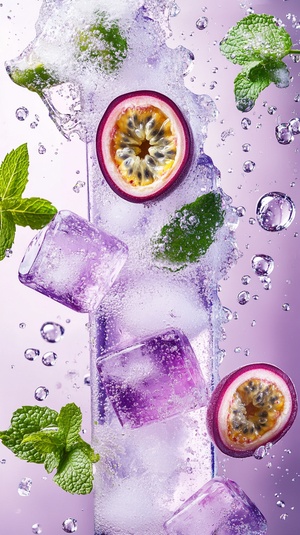 Summer passion fruit soda ice cubes, light purple and white background, bubbles, mint leaves,Passion fruit slices, brilliant colors, studio light source, 32K UHDv 6.0ar 9:16