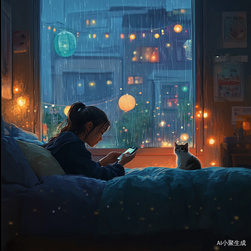 女孩温馨卧室中的小猫和星空雨夜