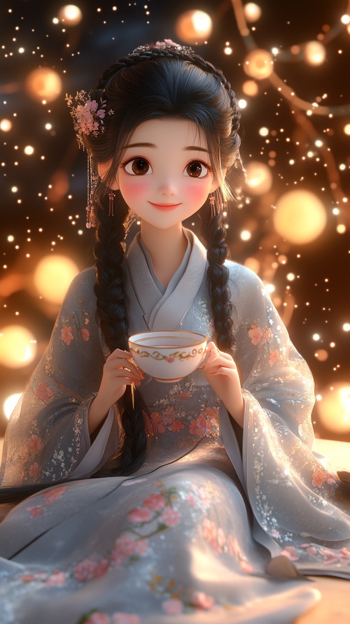 Cartoon, girl in Hanfu sitting on the table with long black braided hair holding a coffee cup, smiling face, background of lights and stars floating in the sky, warm color tone, full body portrait, looking at the camera, wearing a gray dress embroidered with pink flowers, in the style of Disney animation, 3D rendering, cute and dreamy.