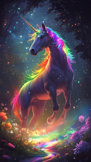 梦幻森林中的华丽彩虹独角兽与璀璨虹光