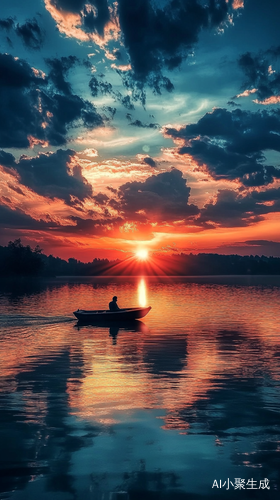 夕阳下的公路湖面小船与云彩的傍晚画面
