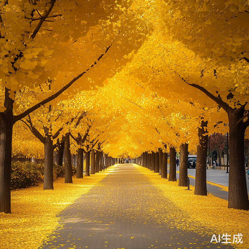 银杏树下的宽敞黄叶大道