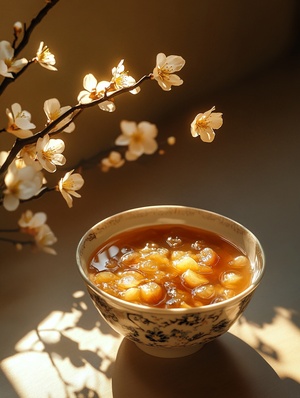 The photo shows a bowl of cold sour plum soup in the shadow of a flower bush, with a little osmanthus as an embellishment, the background is a hot desert, the sun is strong, the details are fine, realistic, master photography still life photo, movie lighting effects，ar3∶4