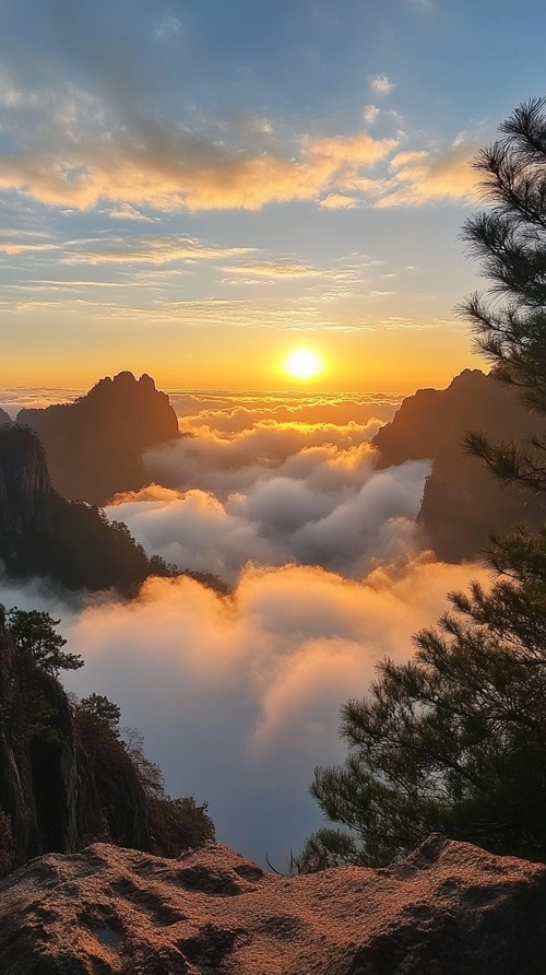 泰山日出美景，早晨，真实拍照感，超高清，云雾缭绕，8k，超广角，远景，饱满，大师作品。