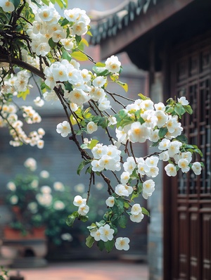 Chinese archaic courtyard background, a leafy begonia flower branch extends into the yard from the fence, showing white crabapple flowers, white flower bones, crabapple flowers hanging down, the real scenery