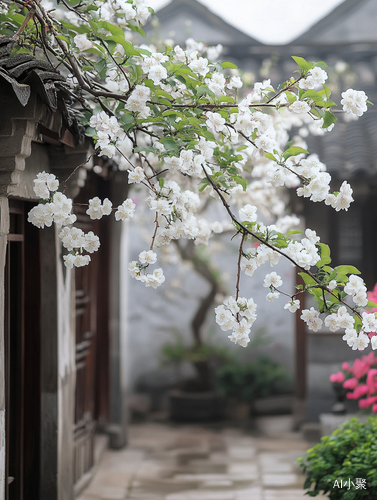 Chinese Courtyard with Begonia and Crabapple Blossoms