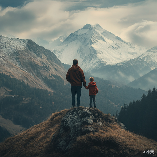 父子同行远眺山顶的壮丽风景