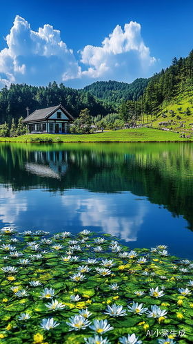 清澈湖面与鲜花草地的写实摄影景观