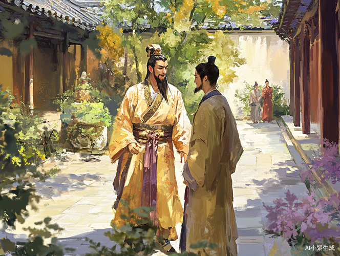 古代府邸花园中的曹操与刘备会面