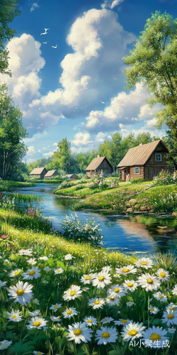 春季乡村美景河边的小屋绿草花朵与森林风光