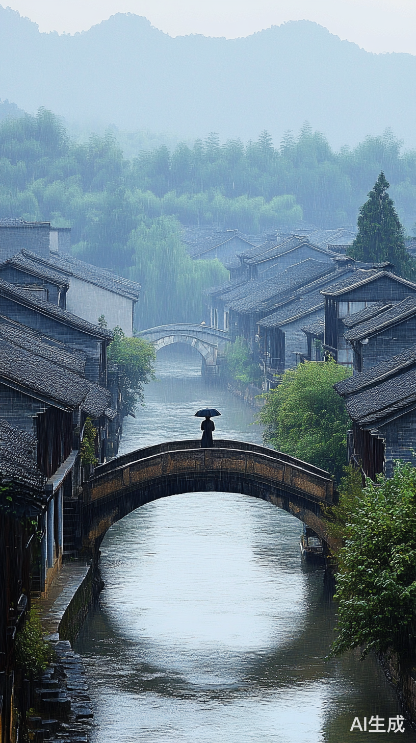 江南水乡雨中景色传统水墨画风格