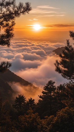 泰山日出美景，迎客松，早晨，真实拍照感，超高清，云雾缭绕，8k，超广角，远景，饱满，大师作品。