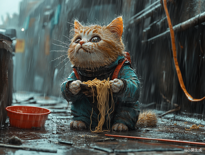 破烂衣服猫咪工地雨中吃面条的孤独身影