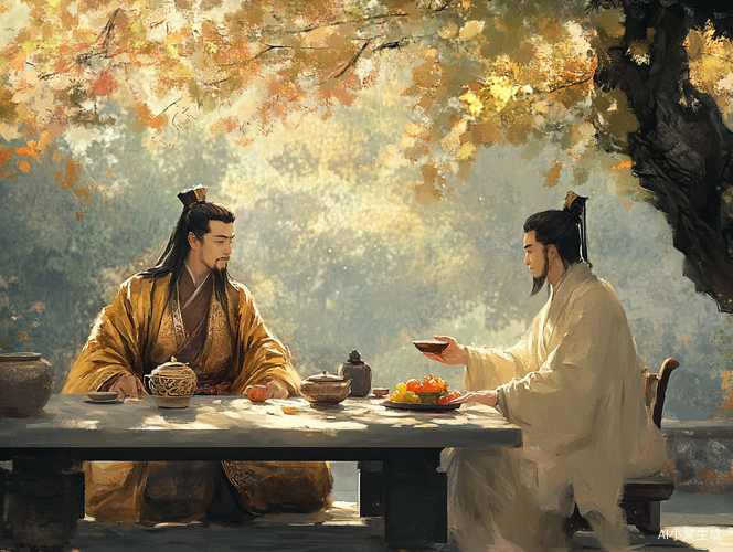 古代花园中曹操刘备相聚品酒的场景