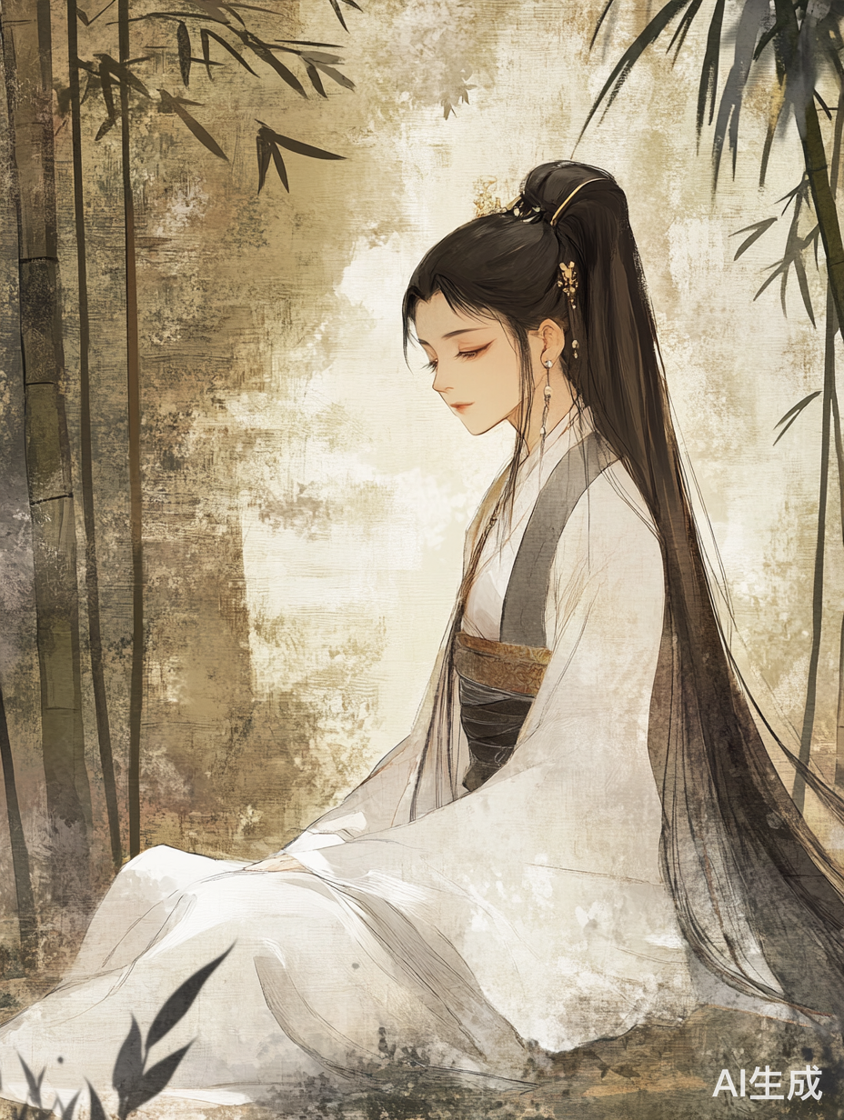 竹林中的清冷女子白衣高马尾精致面庞