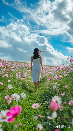 女人走在开满鲜花的草原与蓝天白云下的超高清画面