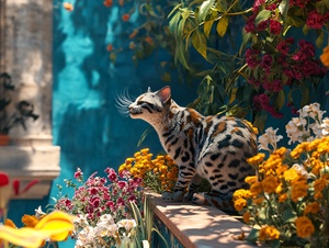 一只彩色狸花猫在阳台上吹风，周围有很多花，摄影角度，大师作品，背景蓝色透明动感