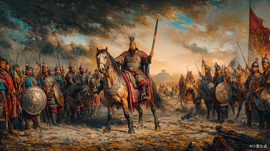 Mongol Emperor on Battle Horse Surrounded by Generals and Soldiers