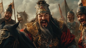 A Mongol emperor sits on a battle horse, issuing orders to the Mongol messengers, with a playful expression. Face close-up, around the Mongolian generals and soldiers laughing, wide Angle, medium shot..highly detailed dramatic lighting in the style of Albrecht Durer and Gustave Dore, influenced by William Blake ar 3:4 stylize 750 v 6.0 cref sref