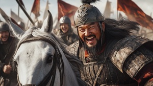 A Mongol emperor sits on a battle horse, issuing orders to the Mongol messengers, with a playful expression. Face close-up, around the Mongolian generals and soldiers laughing, wide Angle, medium shot..highly detailed dramatic lighting in the style of Albrecht Durer and Gustave Dore, influenced by William Blake ar 3:4 stylize 750 v 6.0 cref sref