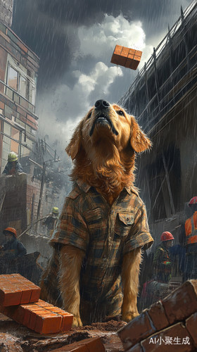金毛工犬在雨中无奈哭泣的工地生活