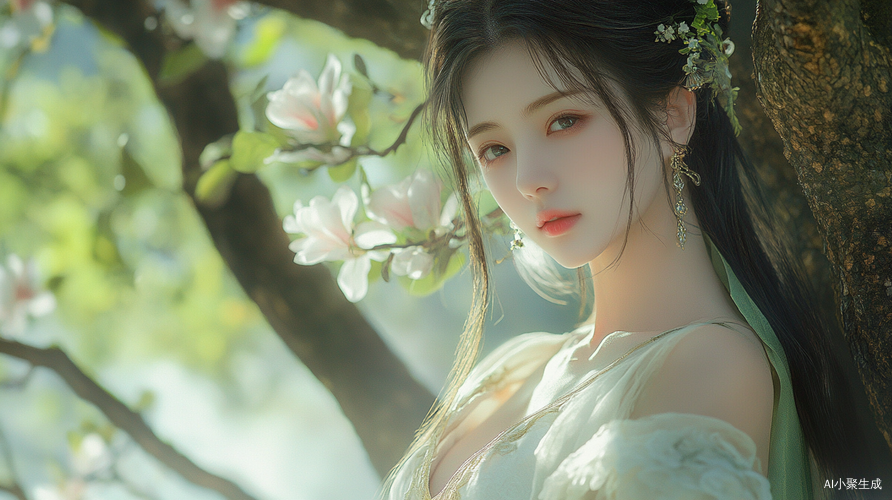 美丽女子在古树下吟唱展现绝世风华