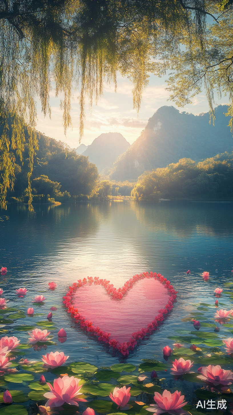 浪漫湖心心型花瓣与五彩小花的温馨景致