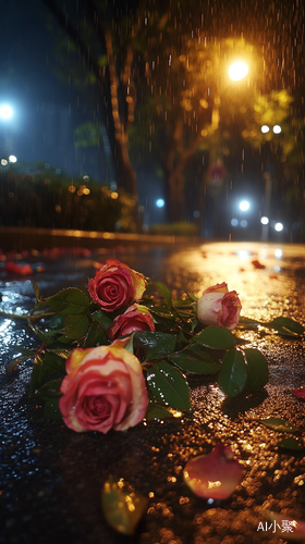 雨夜城市孤独的玫瑰花绽放伤感情绪