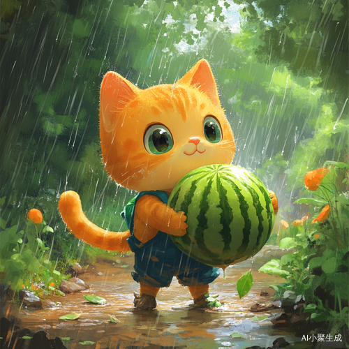 小橘猫在西瓜园搬西瓜大雨中前行