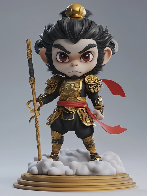 3D chibi, action figure toy style, black and gold, full body composition, base, a monkey in armor, Sun Wukong from Chinese mythology, with murderous eyes, sculpted in ZBrush with clean lines and sharp edges, figure in all white plastic The form of a model statue is presented on the stand, wearing traditional Chinese clothing and boots, with a red ribbon wrapped around the body, the delicate texture of the body is clearly visible, his posture exudes strength and power, holding a golden textured stick, with c