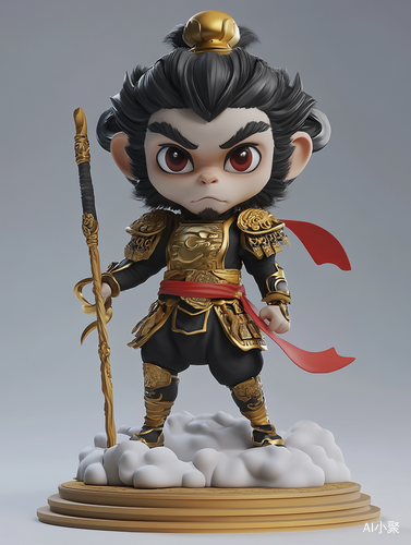 3D Chibi Sun Wukong Action Figure in Black and Gold Armor