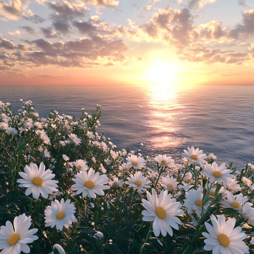 This is a beautiful picture, full of dense, white daisies, white petals, green leaves, sunset, distant sea, super real, clear, details, CG rendering, 4KHD