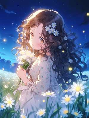 In Gakuen anime style, A beautiful girl with long brown curly hair, black eyes, white striped dress, starry sky, moon, flower field, seven-split lens, Morandi color system, soft ligh