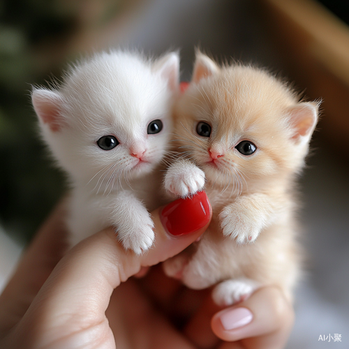 Tilt Shift Image of Colorful Ragdoll Kittens Beside Red Manicure