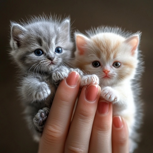 Tilt - shift an image of A tow Ragdoll kittens of different colors stand next to its owner's red manicure finger, in the style of 32k uhd, striped, detailed miniatures, shiny eyes, i can't believe how beautiful this is, bar background, minimalistic, cut and paste ar 3:4 s 750 v 5.1