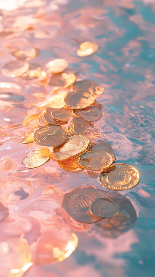 golden coins in the water,light pink and light aquamarine,y2k aesthetic,ethereal details,snapshot aesthetic, dreamlike naturaleza, light white, soft focal pointsar 9:16v 6.0