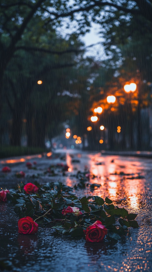 城市的傍晚，下雨，马路被雨水打湿，路灯，马路上躺着十几只玫瑰花，粗壮的枝干和绿叶，花朵上有雨珠，孤独伤感的情绪氛围感，广角拍摄，专业摄影，24K，佳能镜头