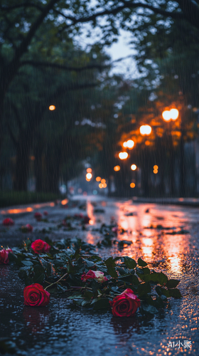 城市傍晚雨中玫瑰花与孤独情绪的广角摄影