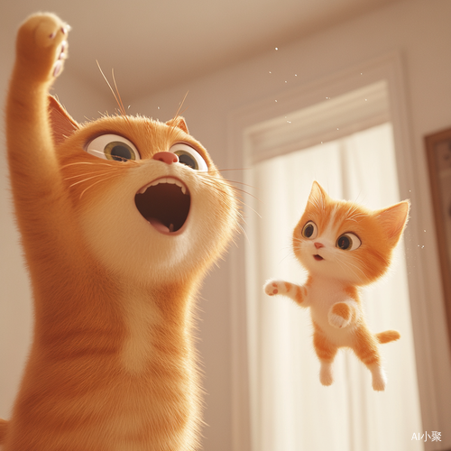 A Cheerful Cat Father Throws His Little Orange Kitten into the Air