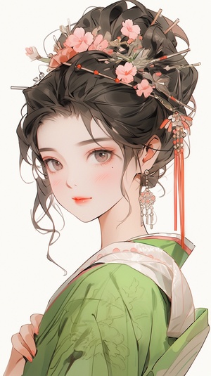 A beautiful girl with a sketch, exquisite eye and lip makeup, melon seed face, exquisite earrings,exquisite headgear, wearing Hanfu, flat line depiction, minimalism, George Morandi, marker art, pink and green, simple gray background, -s 180ar 9:16niji5