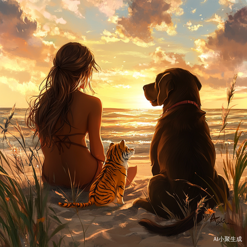 夏天海边长发女孩与巧克力色拉布拉多小黄狗和小老虎