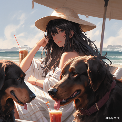 夏天海边长发女孩与拉布拉多小老虎和小黄狗