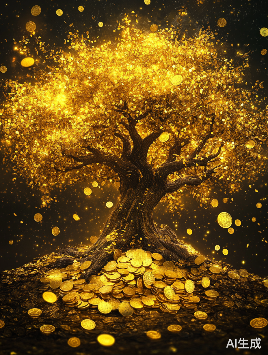 金色摇钱树洒落金币与金元宝
