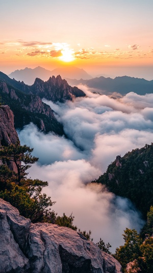 泰山日出美景，早晨，真实拍照感，超高清，云雾缭绕，8k，超广角，远景，饱满，大师作品。