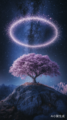 Mountain Tree with Pink Leaves and Starry Sky Halo